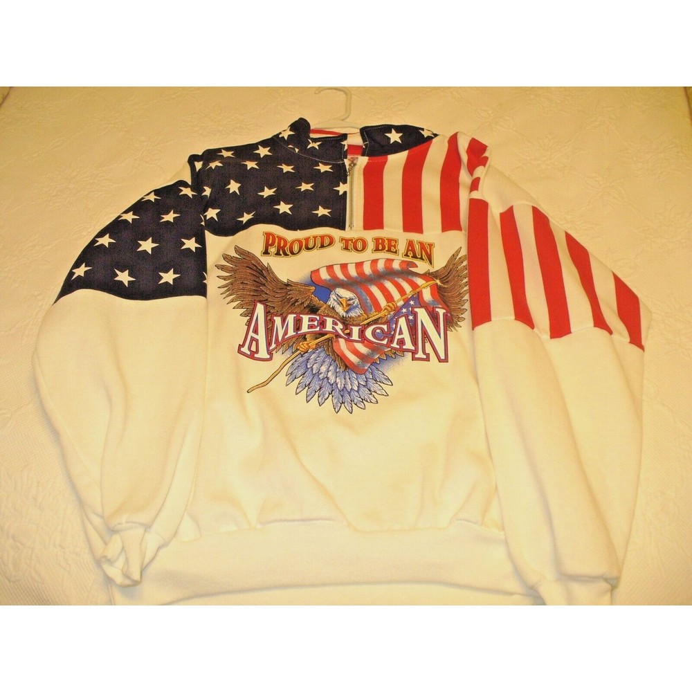 ESY Sportswear Mens XL 1/4 Zip Sweatshirt USA Flag Red White Blue Stars Stripes